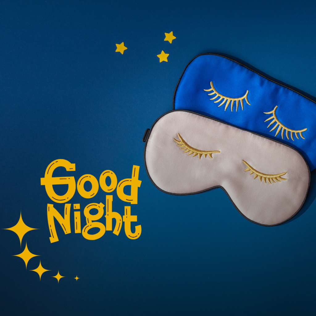 Two sleeping masks, one blue, one white and the words Good Night with yellow stars for getting better sleep with Seasonal Affective Disorder