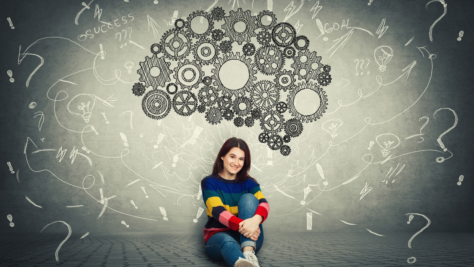 Young woman in a colorful sweater sits cross-legged on the floor, smiling, with illustrated gears above her head symbolizing thoughts and routine, surrounded by drawn icons of question marks, light bulbs, and arrows representing mental processing and focus.