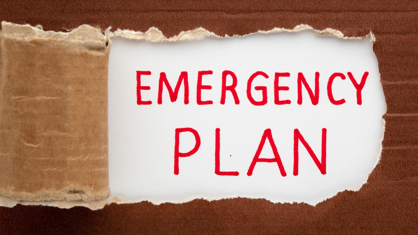 Torn cardboard revealing the words “Emergency Plan” written in bold red letters on white paper, symbolizing preparation and readiness for crises.