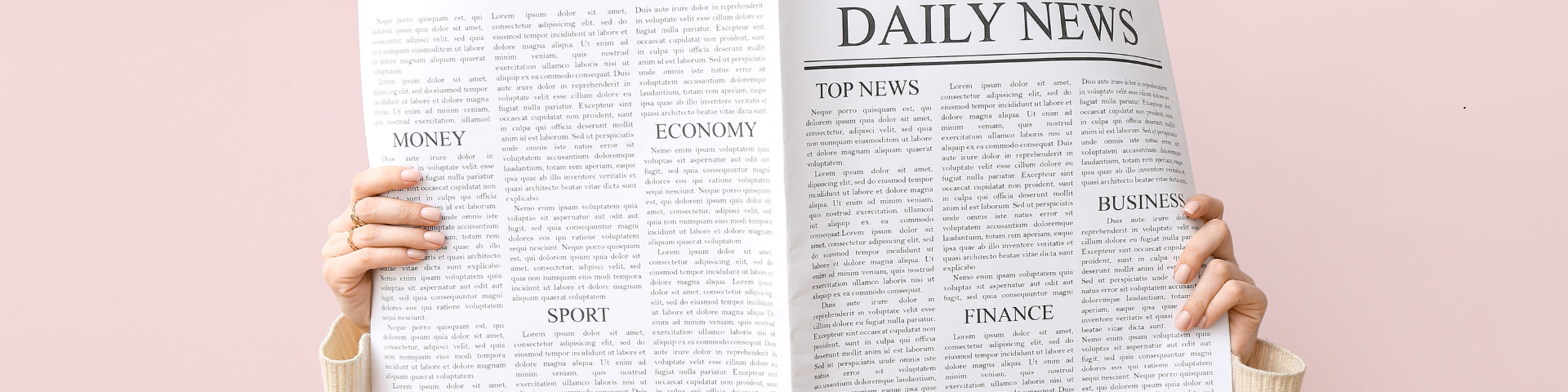 Hands holding an open newspaper against a soft pink background, showing large ‘Daily News’ headlines, illustrating constant news exposure and political stress.