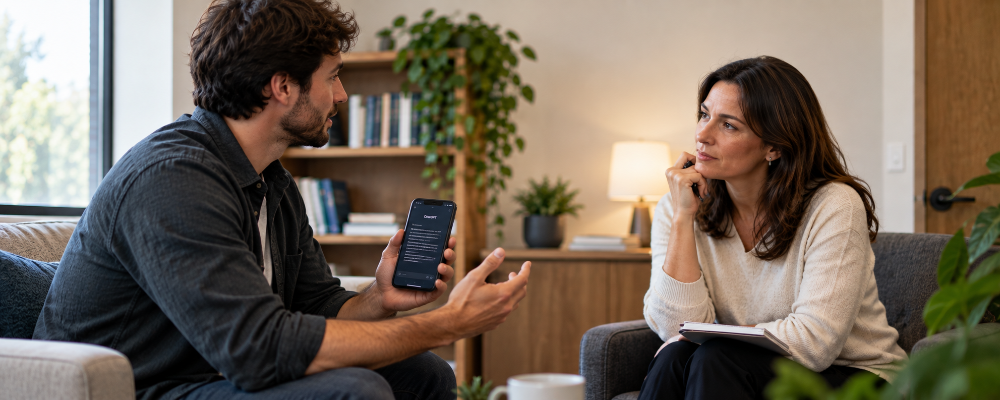 Patient showing ChatGPT health information to a mental health provider during a psychiatric appointment.